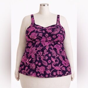 Lands’ End Tankini Swim Top Purple Pink Floral Empire Waist Plus Size